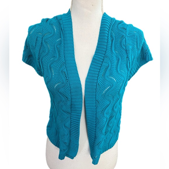 Kim Rogers Shrug Sweater Women’s Size Small Open Front Short Sleeves Turquoise - Picture 1 of 4